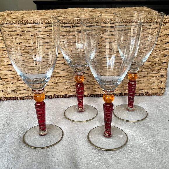 Pier 1 Imports Orbit Spice 16 Oz Red Gold Trim Stemware Glasses 4 HandPainted - Picture 1 of 10
